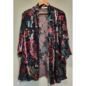 Black Teal Pink Burnout Velvet Open Kimono Whimsigoth Semi Sheer Topper Sz L